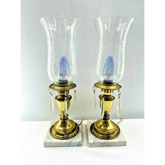 2 Hollywood Regency Candle Lamps MCM Hurricane Marble Brass w Glass Prisms 16" - Picture 1 of 12